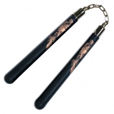 Nunchaku mousse dure, 30 cm, noir lisse avec dragon - Chaîne à rotule