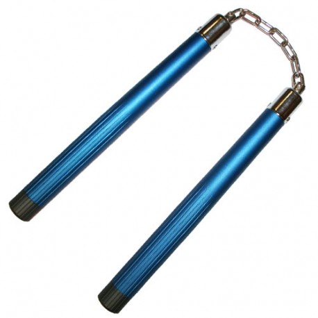 Nunchaku rond, 30 cm, aluminium anodisé bleu - Chaîne à rotule