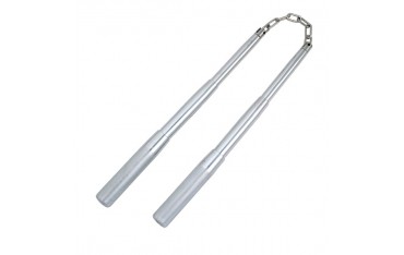 Nunchaku métal 36cm rétractab. 14cm, CHROMÉ + poch. - Chaîne à rotule