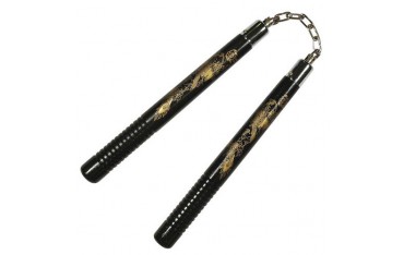Nunchaku rond.poig.striées, 30 cm, noir avec dragon - Chaîne à rotule