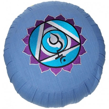Zafu Chakra Vis., coussin médit., coton & kapok, 35x20cm - Bleu Clair