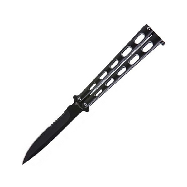 Couteau papillon "Balisong" (dentelé, 13 cm fermé, lame 10 cm) - Noir