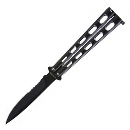Couteau papillon "Balisong" (dentelé, 13 cm fermé, lame 10 cm) - Noir