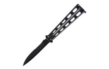 Couteau papillon "Balisong" (dentelé, 13 cm fermé, lame 10 cm) - Noir
