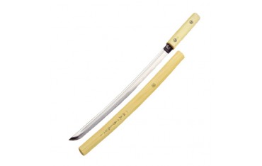 Wakizashi Shirasaya tranch., lame acier 440 de 45 cm, fourr. naturel
