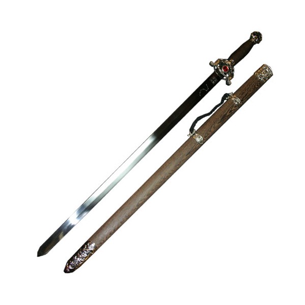 Epée chin. Bagua/Taiji, acier poli rigide 80cm, four. bois exot.+coff