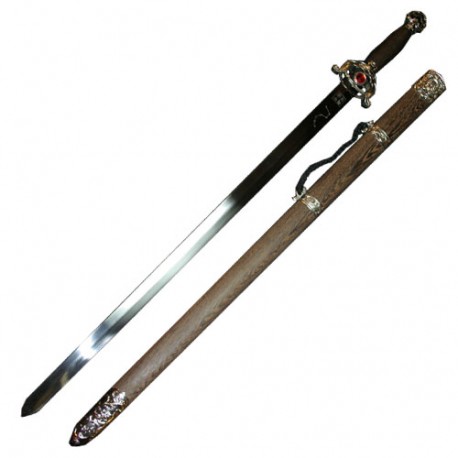 Epée chin. Bagua/Taiji, acier poli rigide 80cm, four. bois exot.+coff