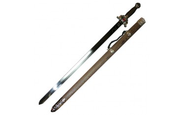Epée chin. Bagua/Taiji, acier poli rigide 80cm, four. bois exot.+coff