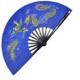 Eventail lamelles bambou, imprimé Phoenix & Dragon - BLEU