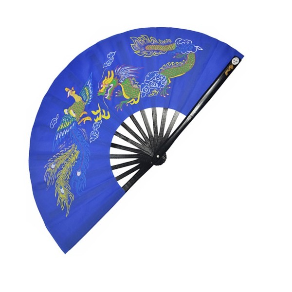 Eventail lamelles bambou, imprimé Phoenix & Dragon - BLEU