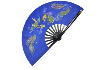 Eventail lamelles bambou, imprimé Phoenix & Dragon - BLEU