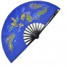 Eventail lamelles bambou, imprimé Phoenix & Dragon - BLEU