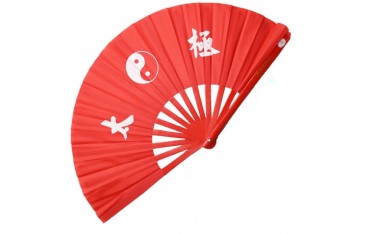 Eventail lamelles bambou, imprimé Yin Yang & Calligraphies - ROUGE