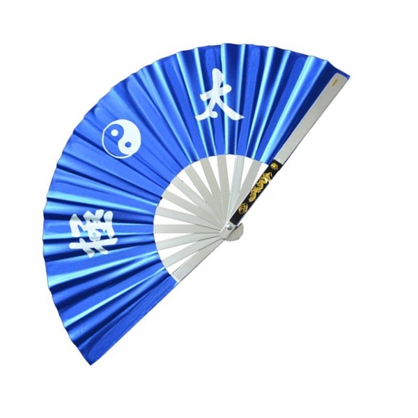 Eventail de combat en métal, imprimé Yin Yang & Calligraphies - BLEU