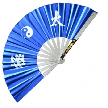 Eventail de combat en métal, imprimé Yin Yang & Calligraphies - BLEU