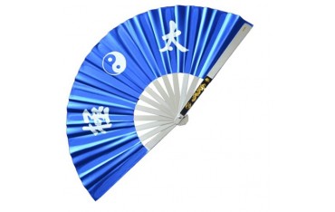 Eventail de combat en métal, imprimé Yin Yang & Calligraphies - BLEU