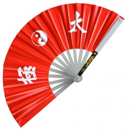 Eventail de combat en métal, imprimé Yin Yang & Calligraphies - ROUGE