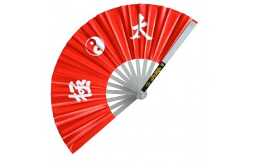 Eventail de combat en métal, imprimé Yin Yang & Calligraphies - ROUGE